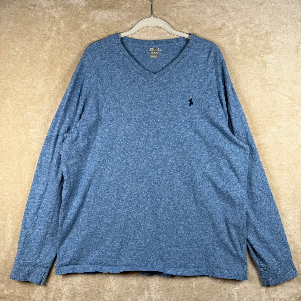 Polo Ralph Lauren Mens Blue Heathered V-Neck Long Sleeve T-Shirt‎ Classic Fit L